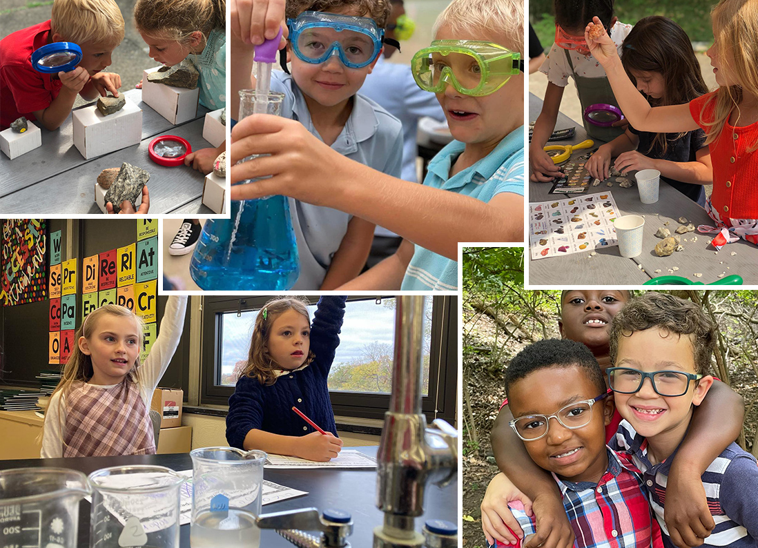 Trinity students doing science experiments, studying rocks and smiling together outdoors